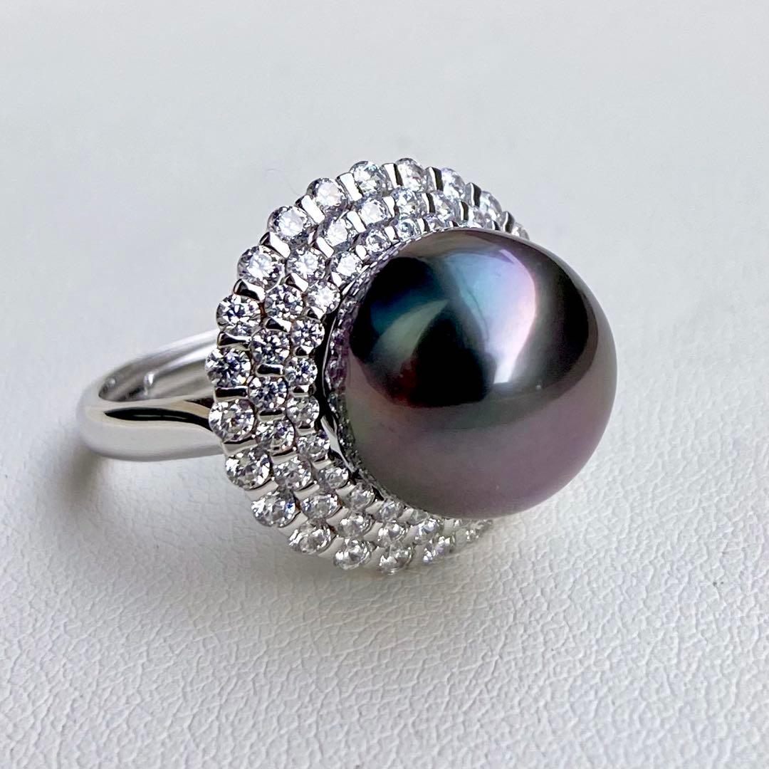 本真珠南洋黒蝶真珠　黒紫12.1㍉大玉s925リングY1042