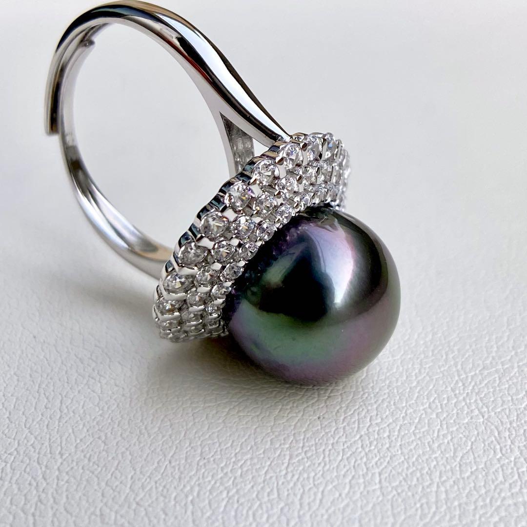 本真珠南洋黒蝶真珠　黒紫12.1㍉大玉s925リングY1042