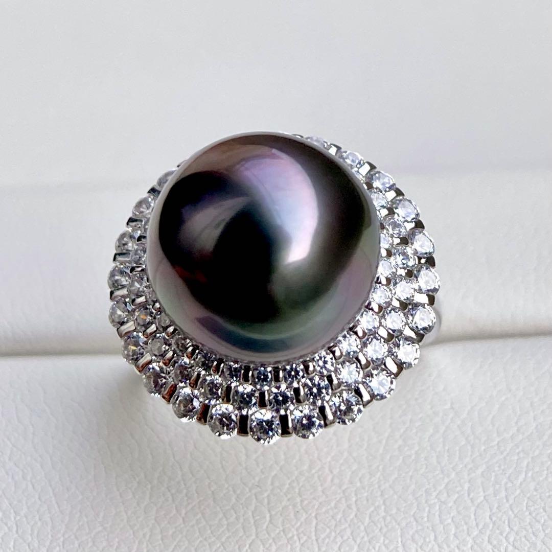 本真珠南洋黒蝶真珠　黒紫12.1㍉大玉s925リングY1042