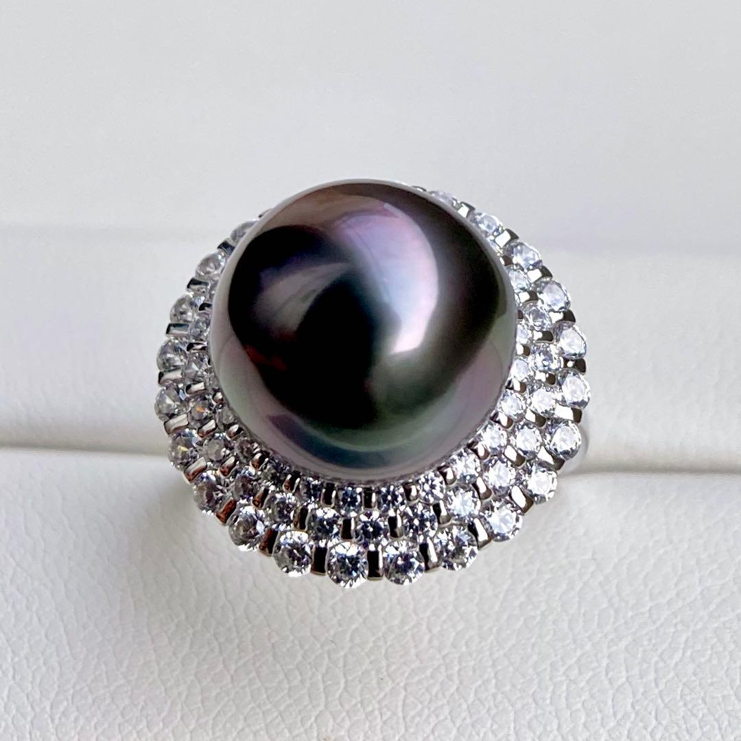本真珠南洋黒蝶真珠　黒紫12.1㍉大玉s925リングY1042