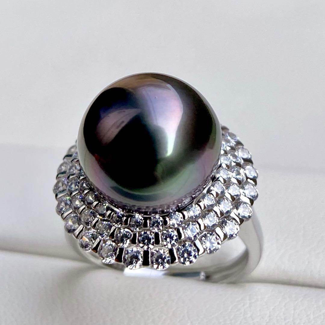 本真珠南洋黒蝶真珠　黒紫12.1㍉大玉s925リングY1042