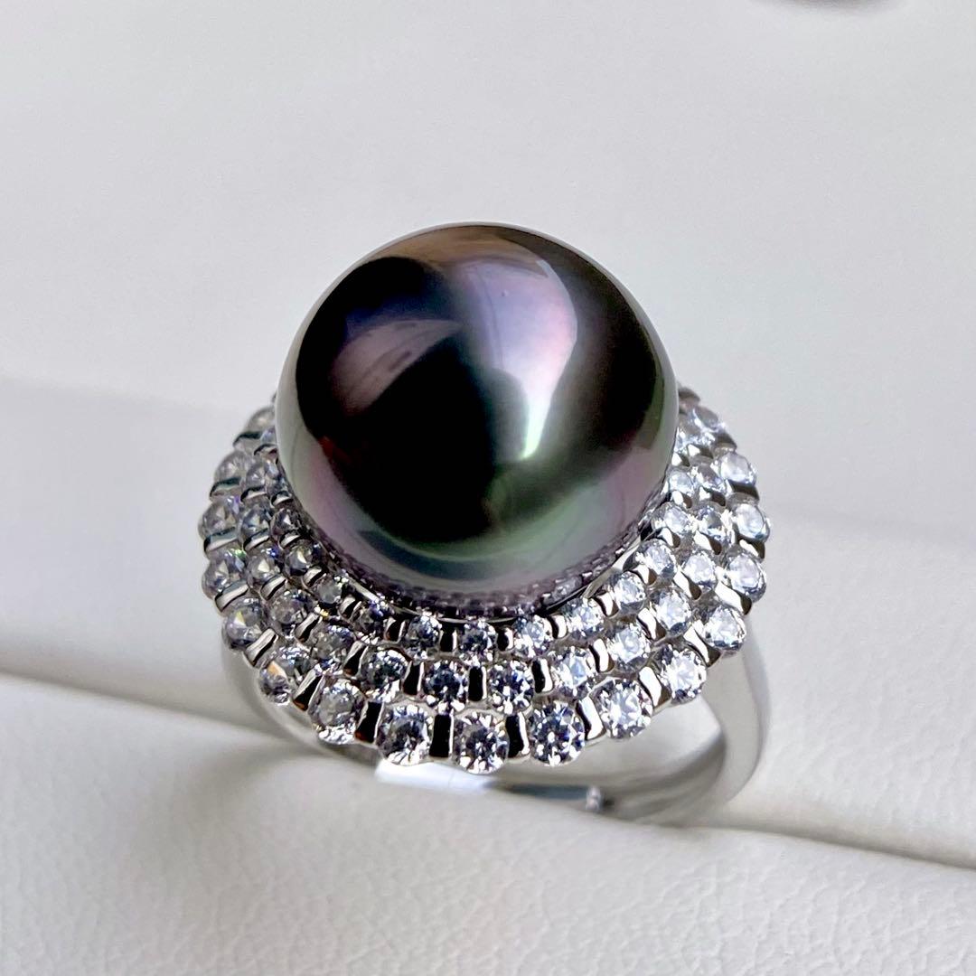 本真珠南洋黒蝶真珠　黒紫12.1㍉大玉s925リングY1042