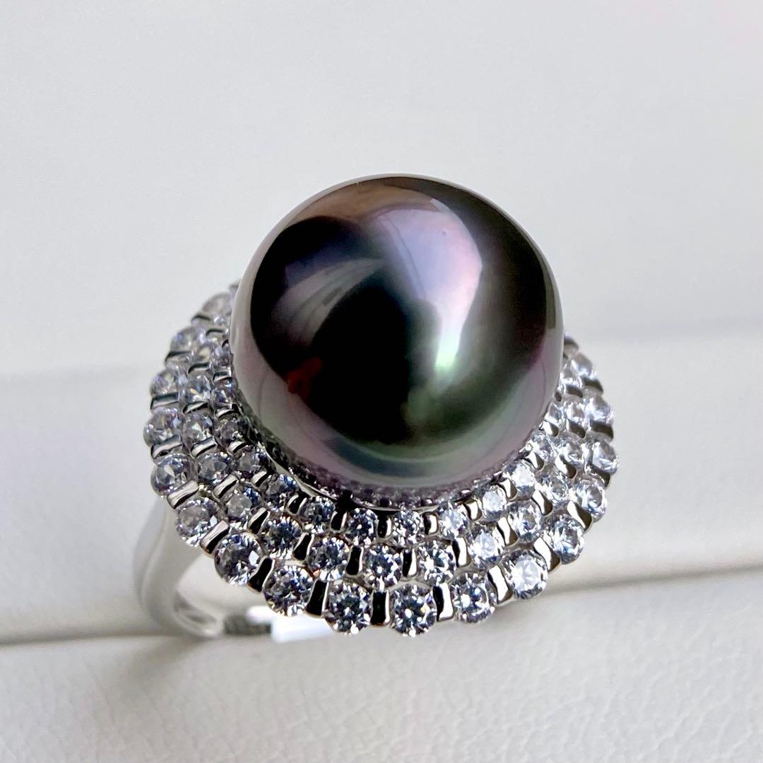 本真珠南洋黒蝶真珠　黒紫12.1㍉大玉s925リングY1042