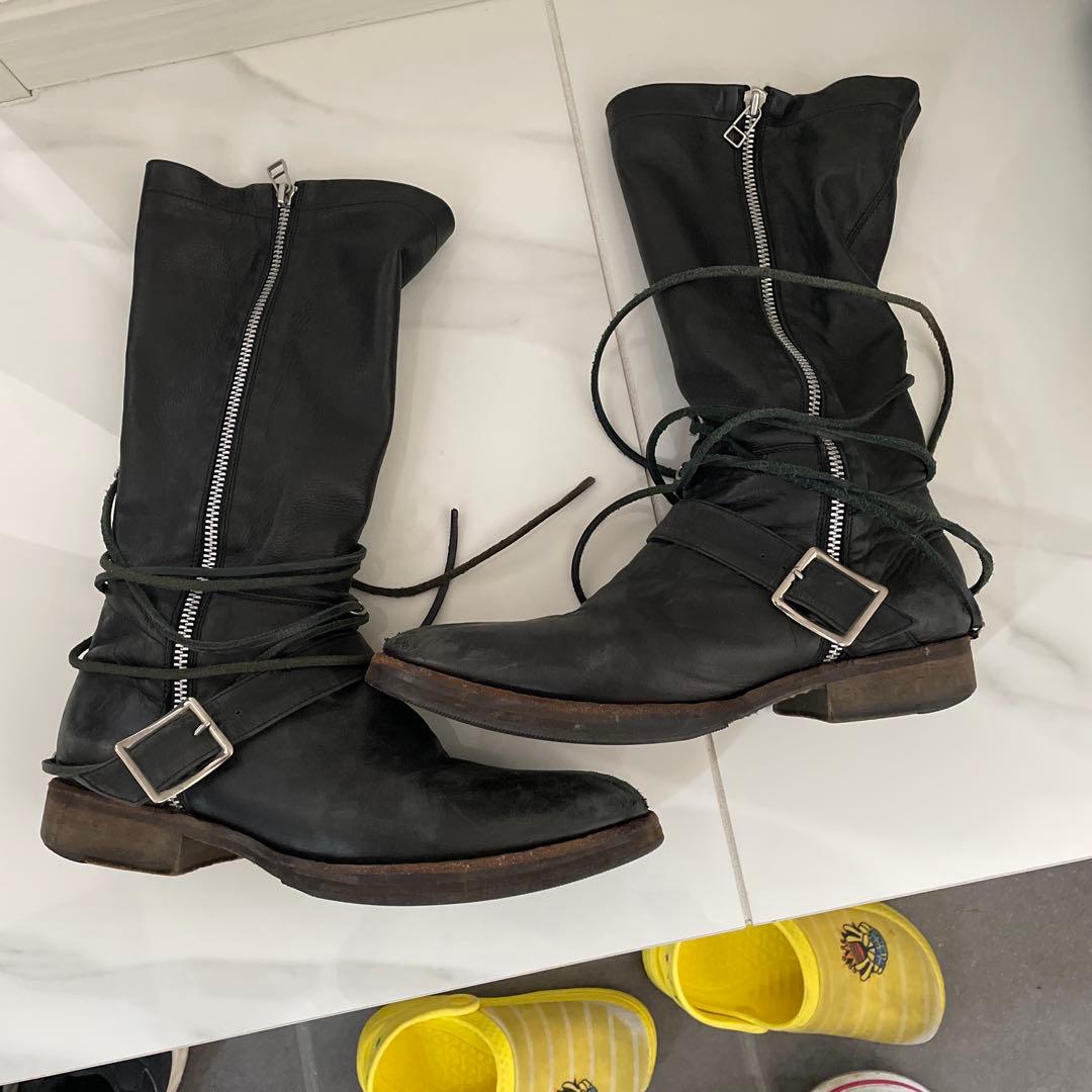 アンダーカバー黒 レザー ロングブーツ バックル付き