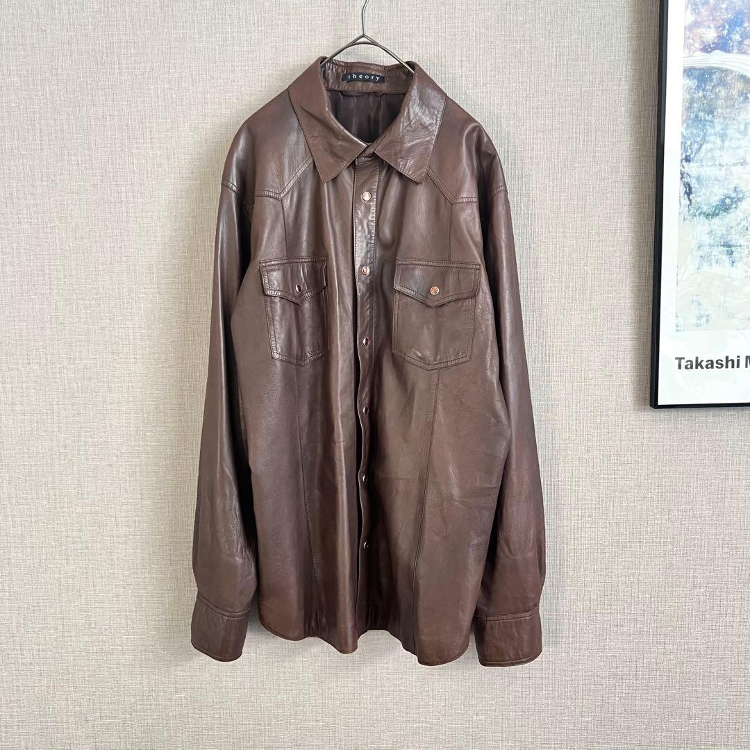 Theory シープスキン ウエスタンシャツ ダークブラウン 40 ラムレザー