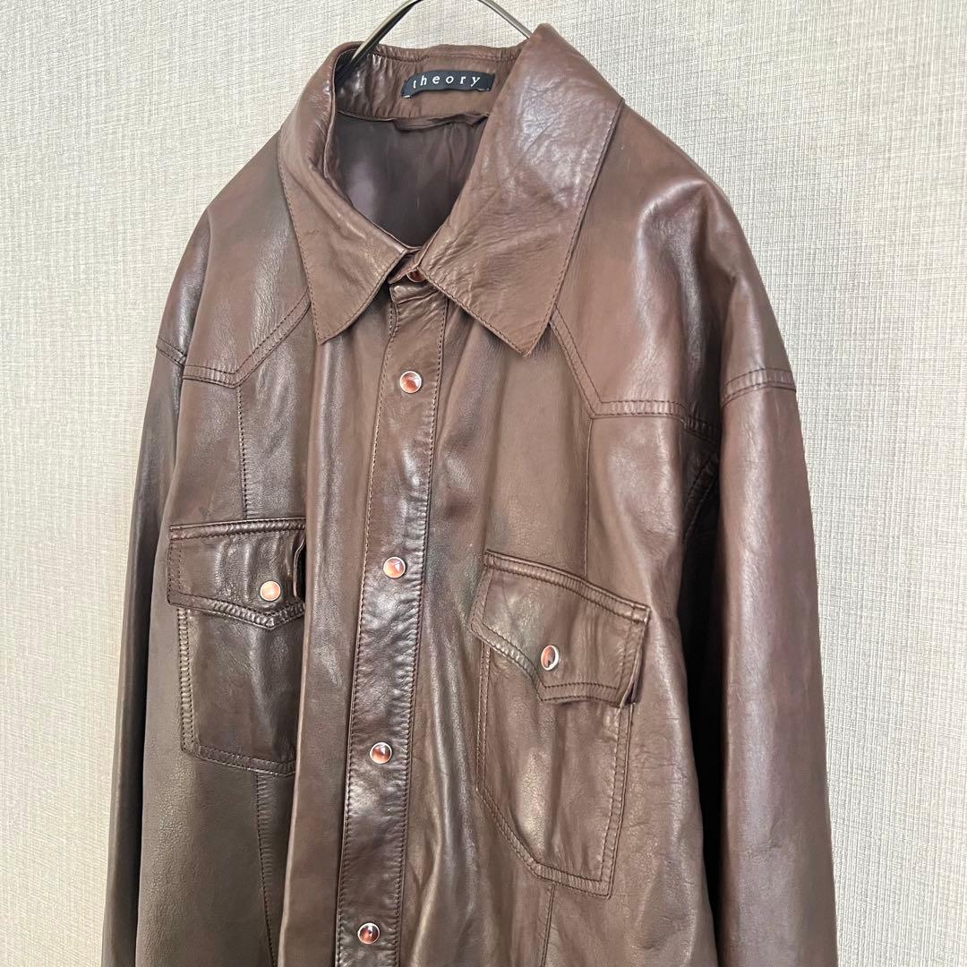Theory シープスキン ウエスタンシャツ ダークブラウン 40 ラムレザー