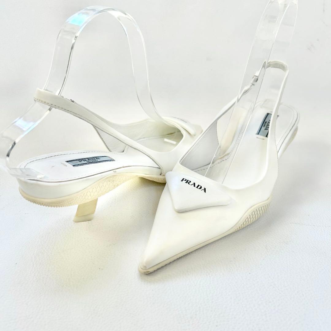 プラダ PRADA スリングバック パンプス トライアングルロゴ ホワイト 36