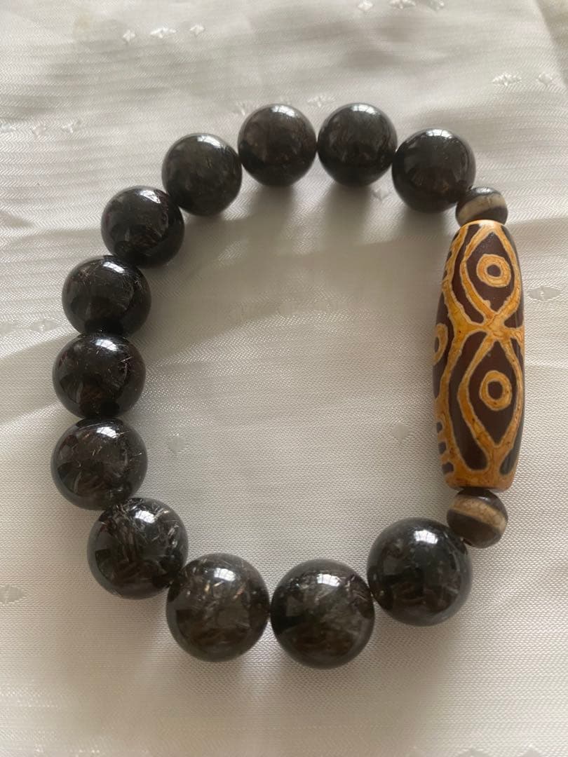 天然石　希少 六眼天珠 ブラックルチルクォーツ　ブレスレット　約14mm