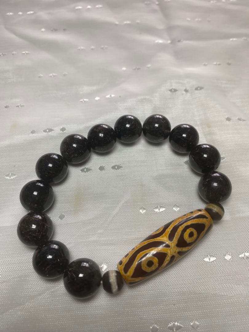 天然石　希少 六眼天珠 ブラックルチルクォーツ　ブレスレット　約14mm