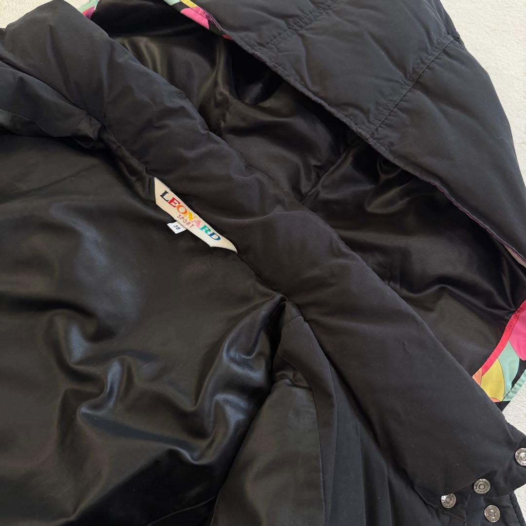 レオナール　ダウンコート　フェザー　フード　ロゴ刻印ボタン　日本製　ブラック　M