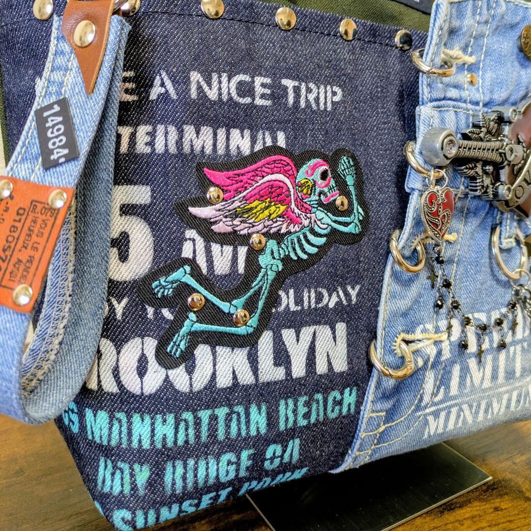 一点物｜デニムリメイク 2wayトート｜ポケットたくさん・ストラップ・底鋲付き