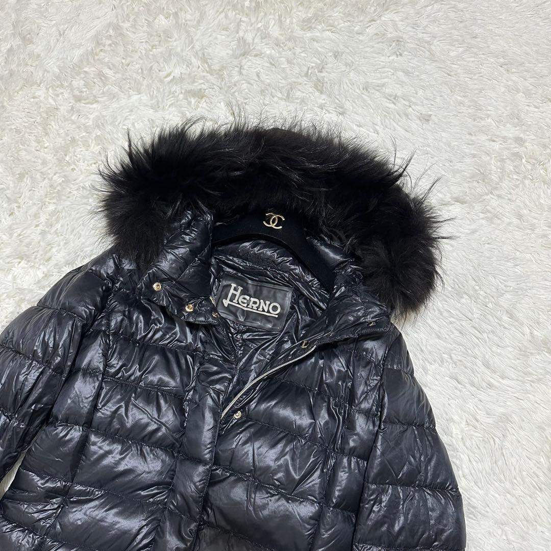 HERNO ダウンコート　ヘルノ　ブラック　タヌキファー　Aライン　ロング丈