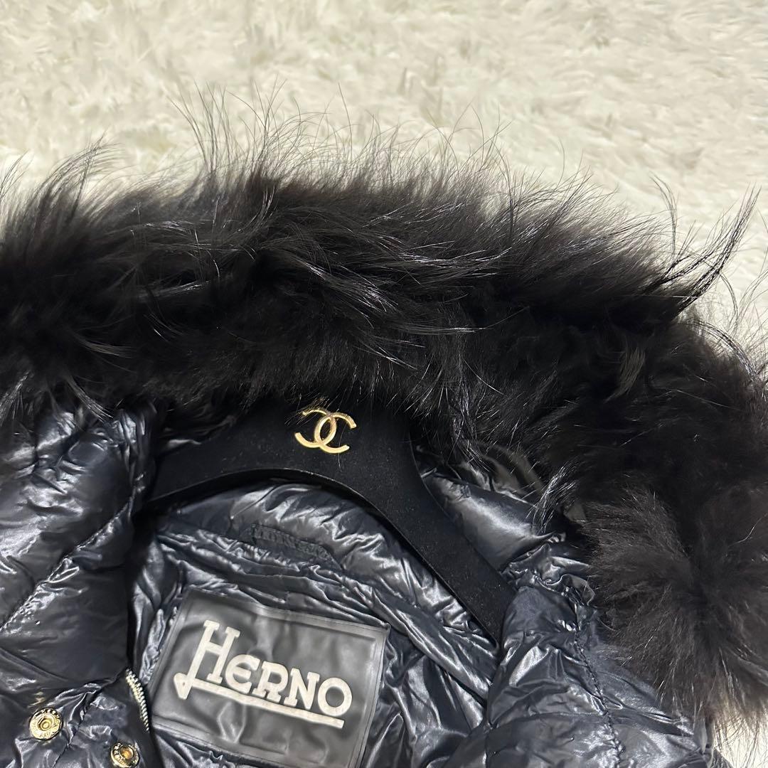 HERNO ダウンコート　ヘルノ　ブラック　タヌキファー　Aライン　ロング丈