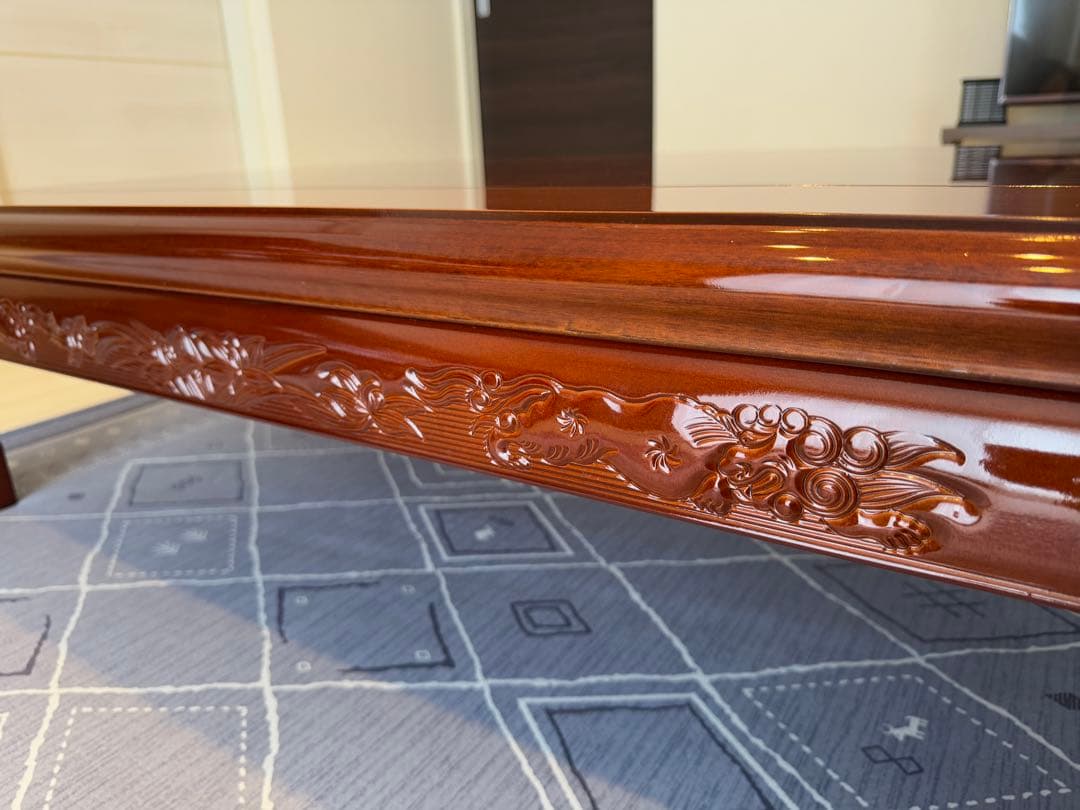 木製彫刻入り座卓こたつ　ダークブラウン