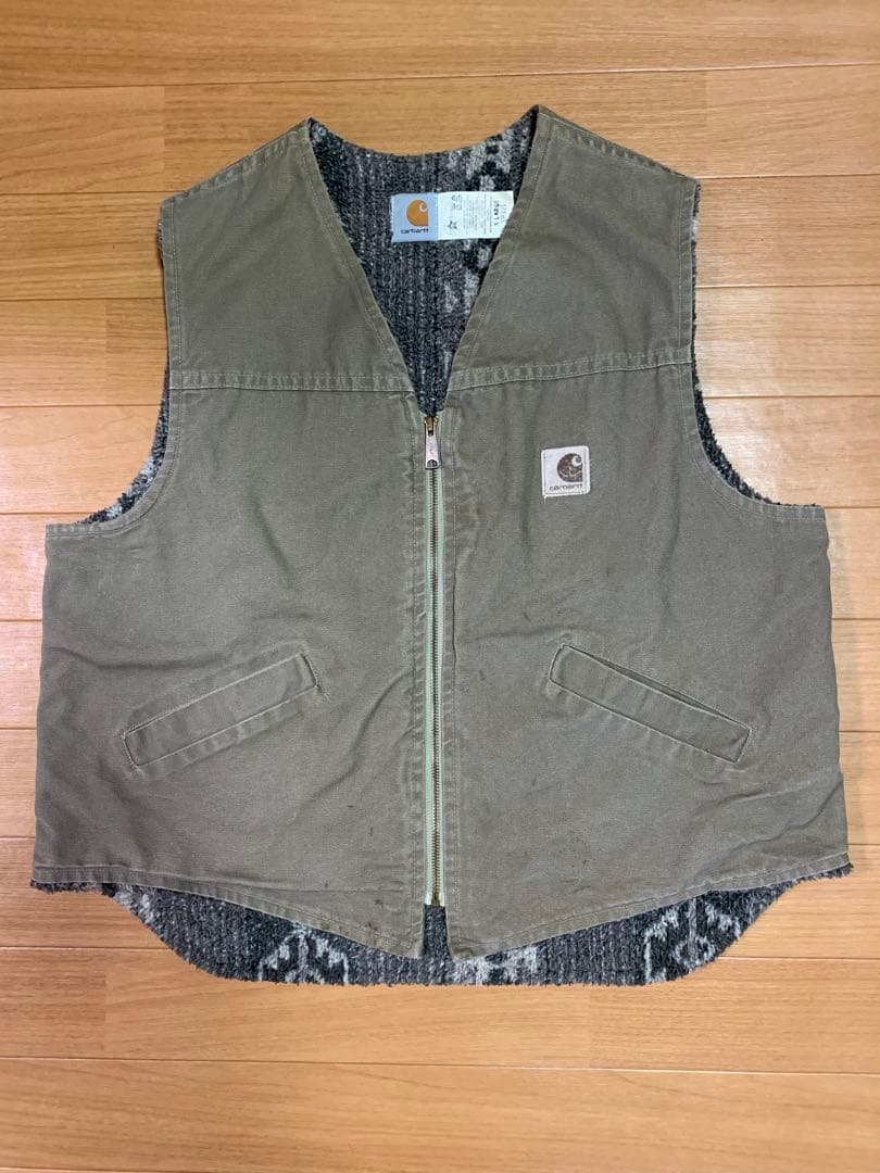 USA Carharttダック地ベスト 裏地ネイティブ柄 ボア ライナーXL