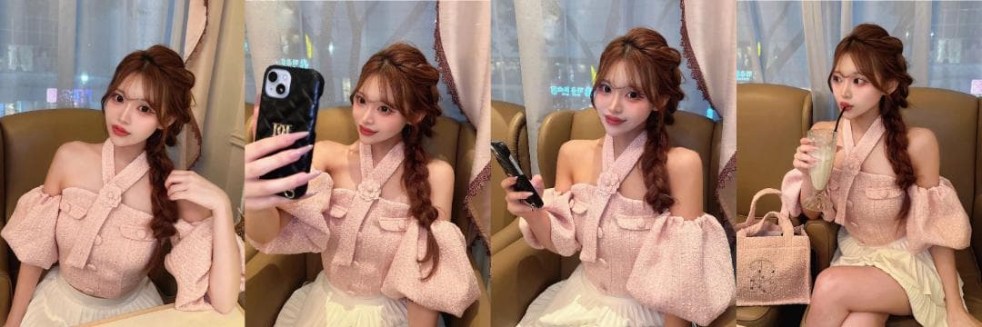 ダーリッチ darich ホルターネックオフショルツイードトップス ホワイト