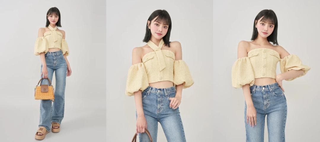 ダーリッチ darich ホルターネックオフショルツイードトップス ホワイト