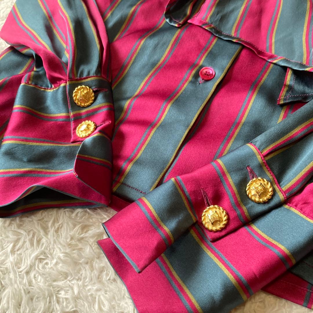 希少✨シルク100%セリーヌ　トリンオンフ金ボタン　ボウタイストライプ柄ブラウス