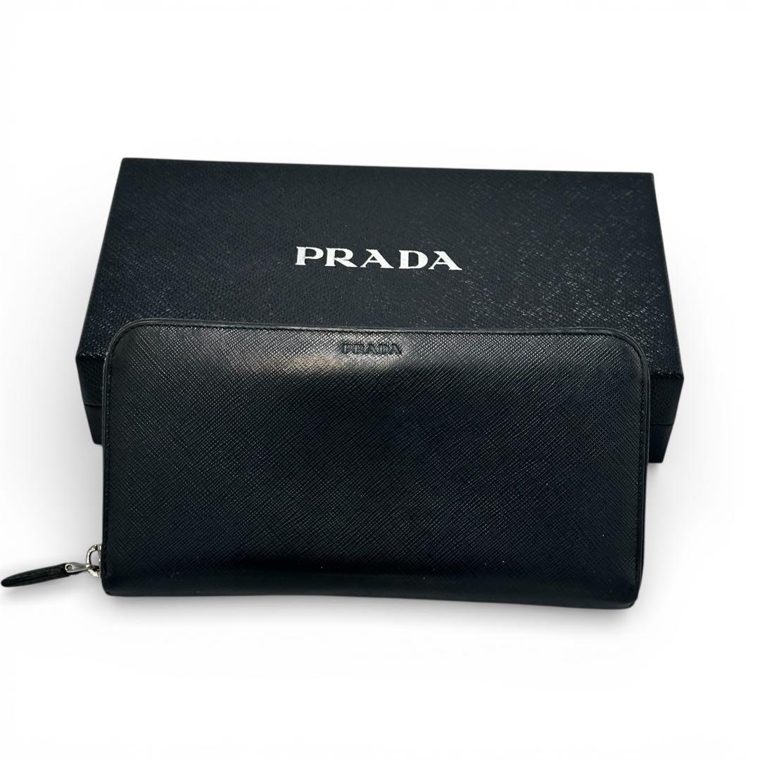 【美品】箱付き プラダ ラウンドファスナー サフィアーノレザー 長財布 ネイビー