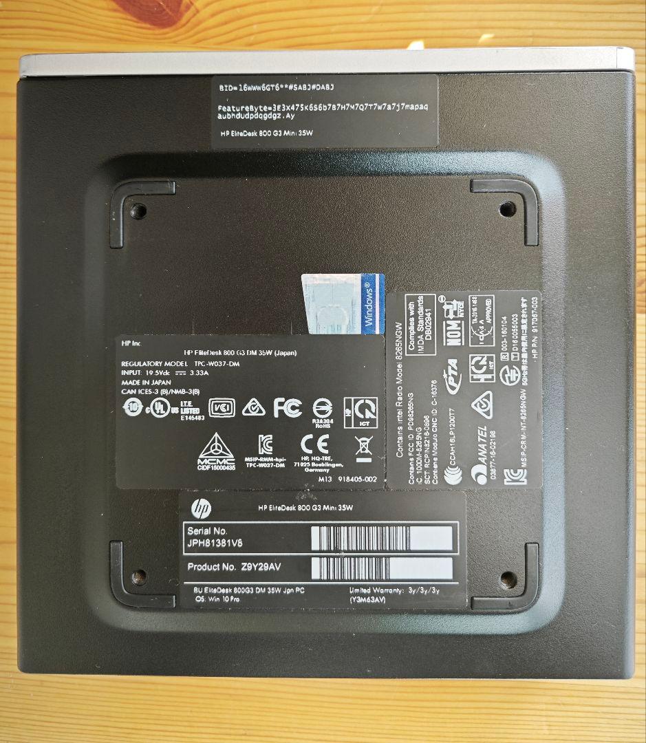 ミニPC HP EliteDesk 800 G3 i3/Ddr4 4GB/Ssd120