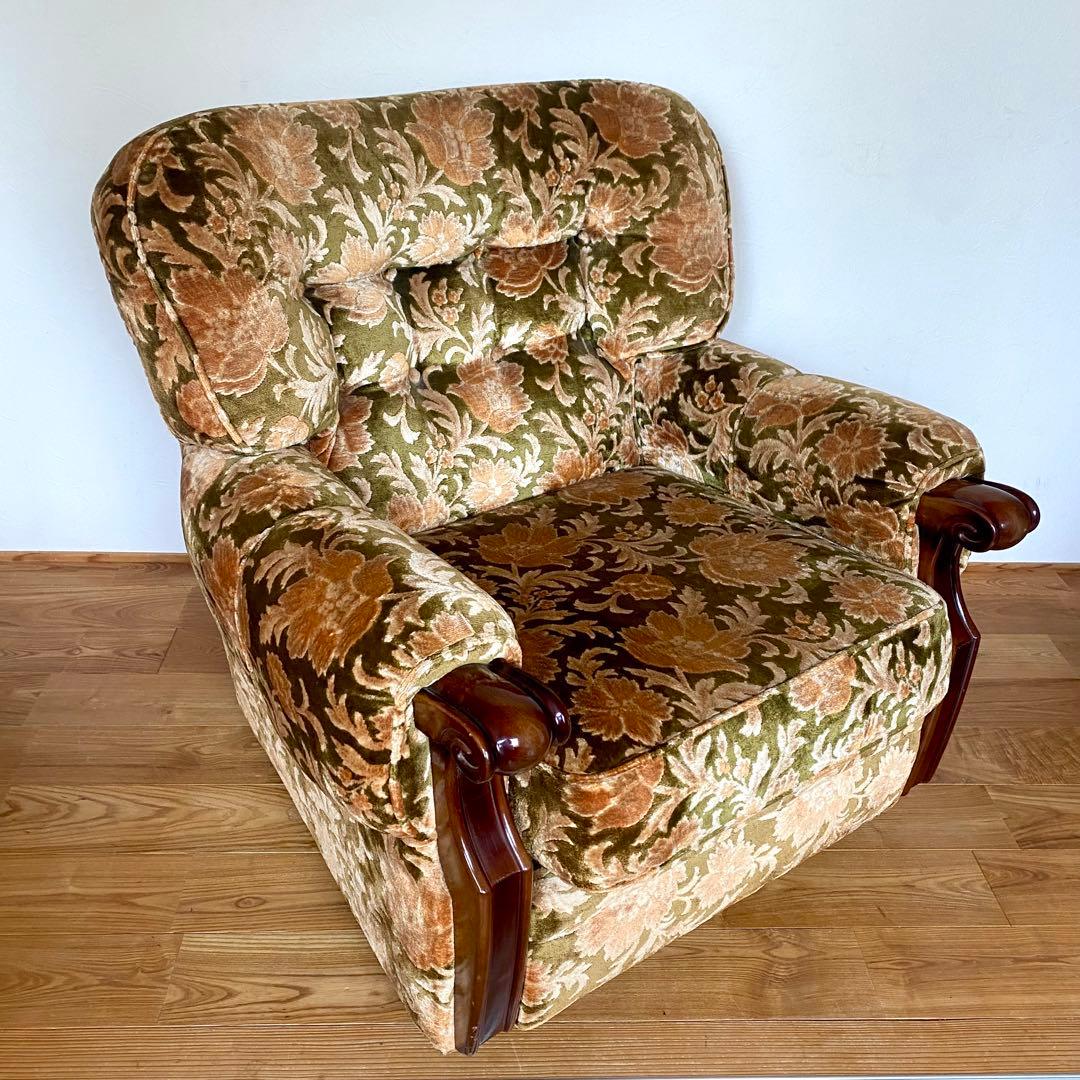昭和レトロ オールド カリモク 金華山 1人掛け ソファー 花柄 ベロア ②