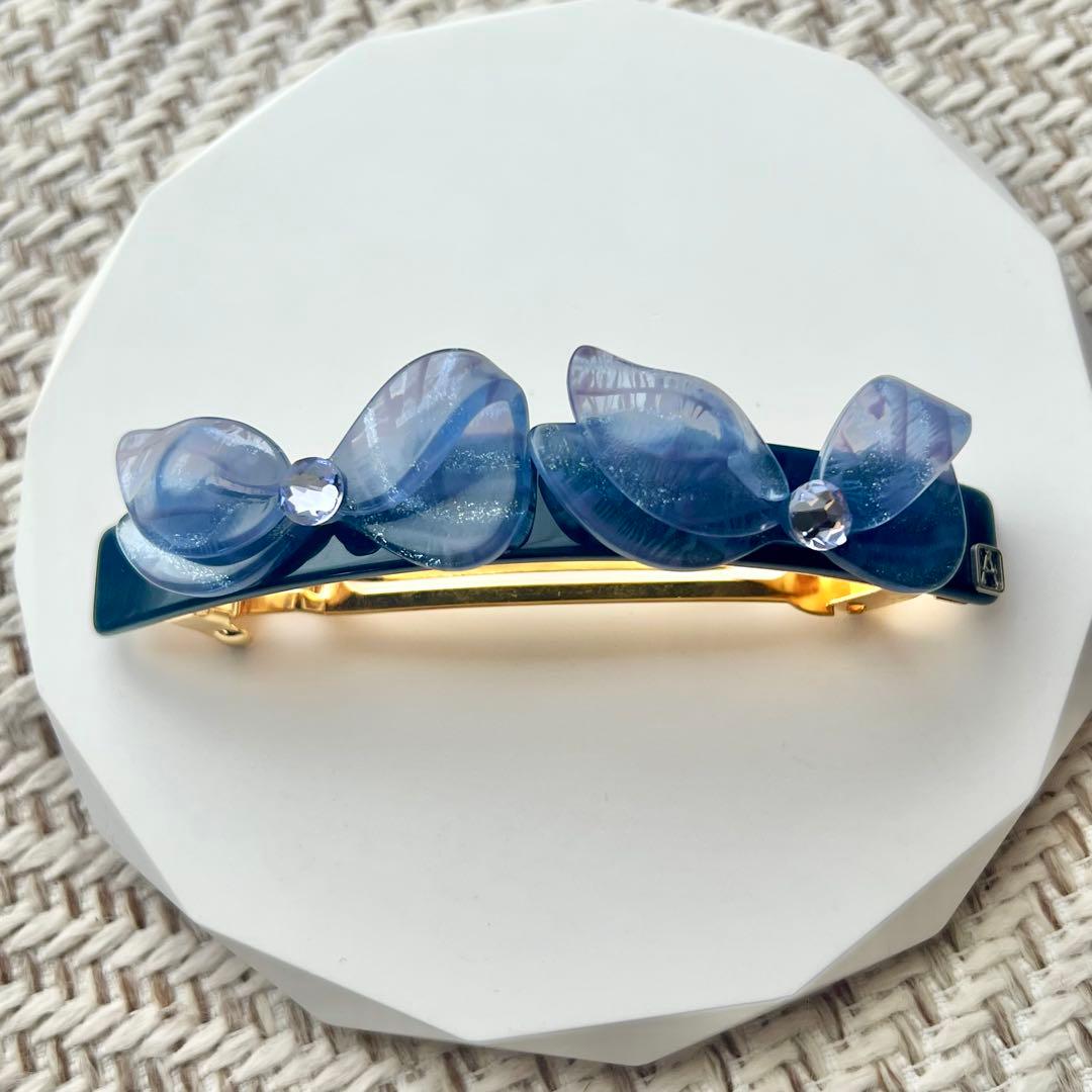 【新品未使用】alexandre de paris リボン　バレッタ　ネイビー