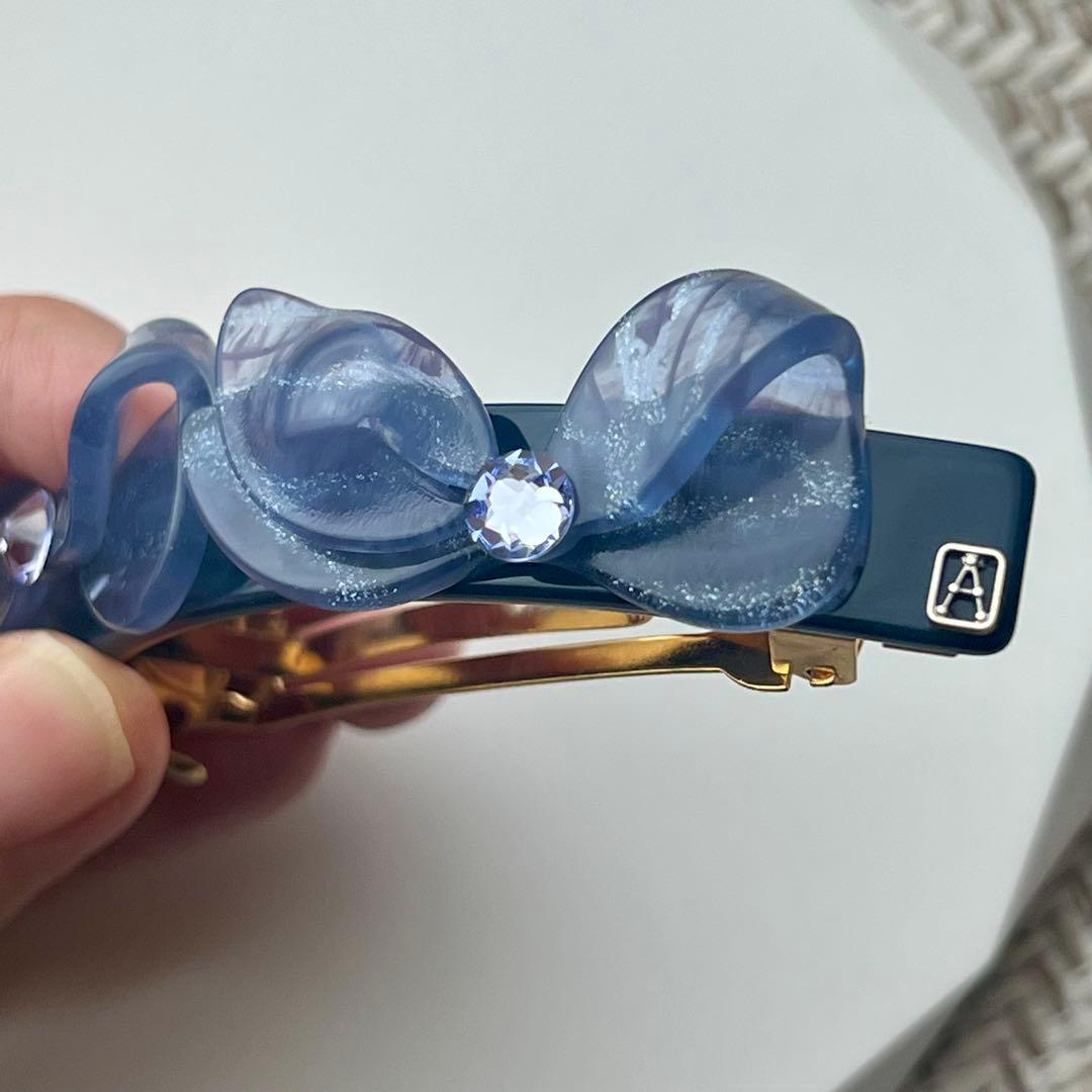 【新品未使用】alexandre de paris リボン　バレッタ　ネイビー