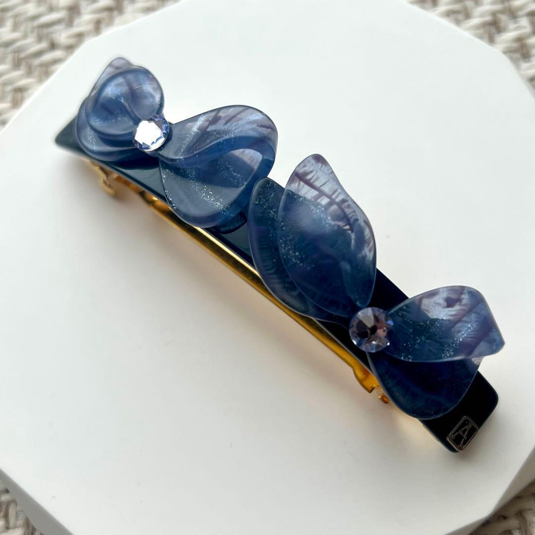 【新品未使用】alexandre de paris リボン　バレッタ　ネイビー