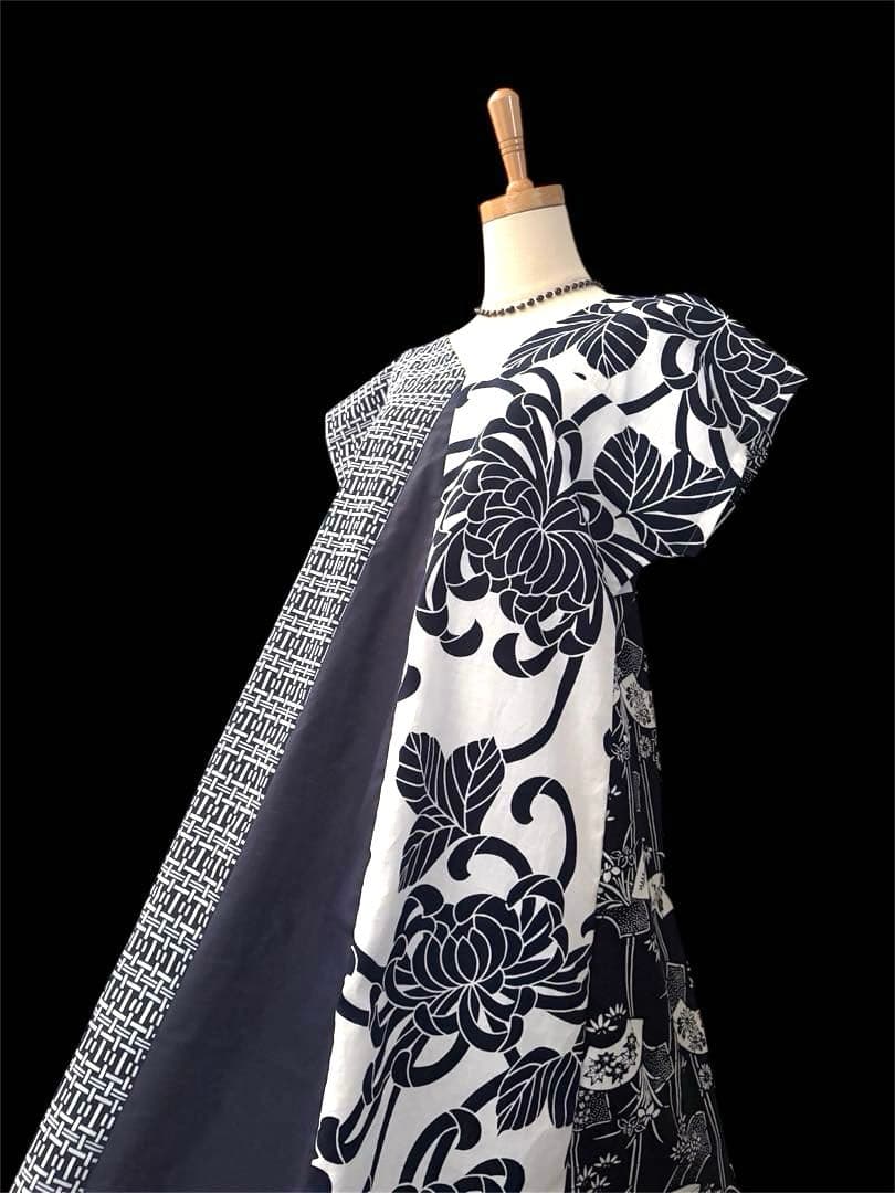 6Y39-⑤浴衣リメイク　ワンピース　ロング　ハンドメイド優雅Aライン　新品反物
