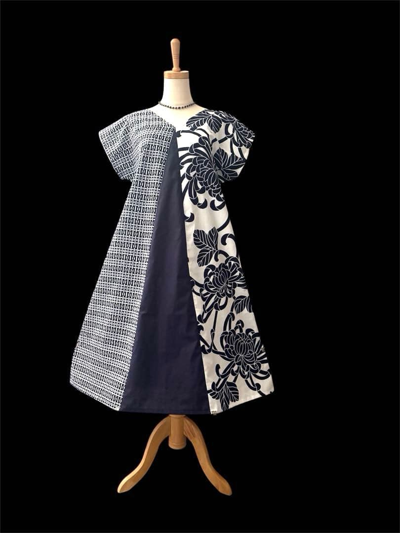 6Y39-⑤浴衣リメイク　ワンピース　ロング　ハンドメイド優雅Aライン　新品反物