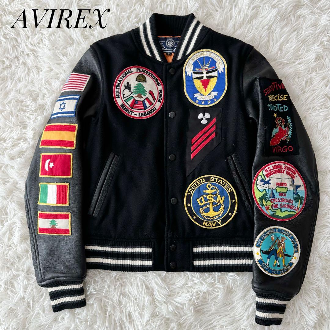 AVIREX スタジャン 袖切替 レザー ワッペン Freeサイズ 刺繍ロゴ