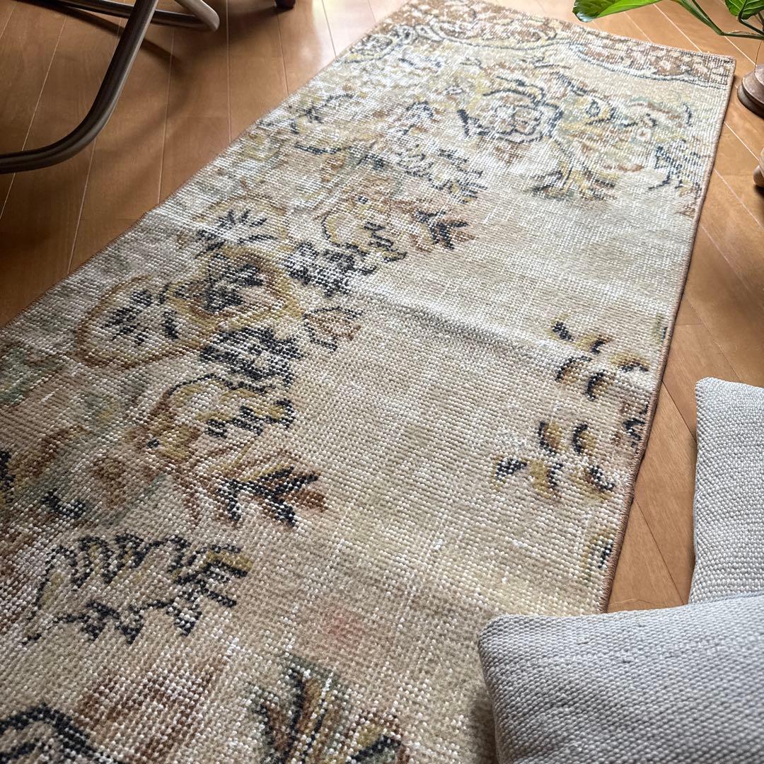 54×165 ロングランナーラグ　ベージュボタニカル　トルコヴィンテージラグ