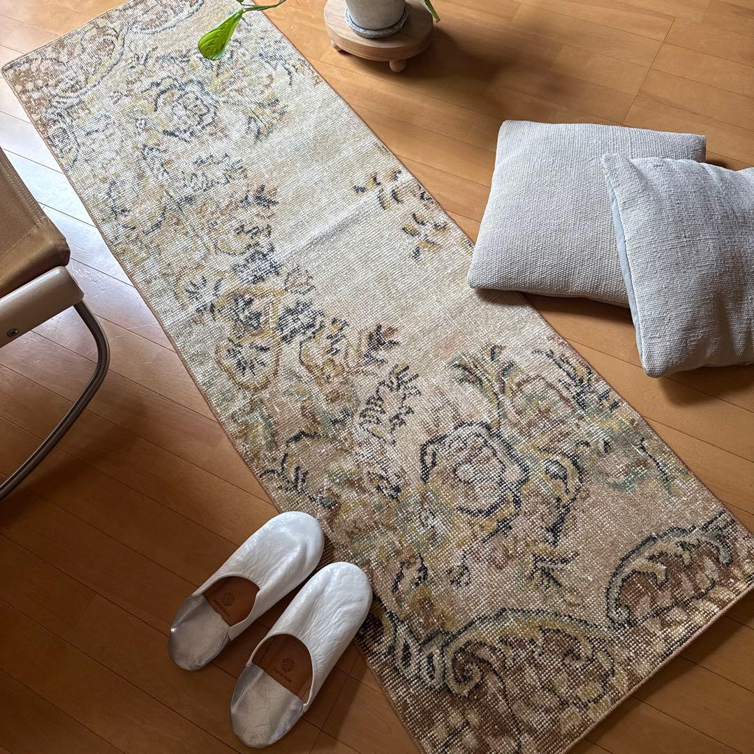 54×165 ロングランナーラグ　ベージュボタニカル　トルコヴィンテージラグ