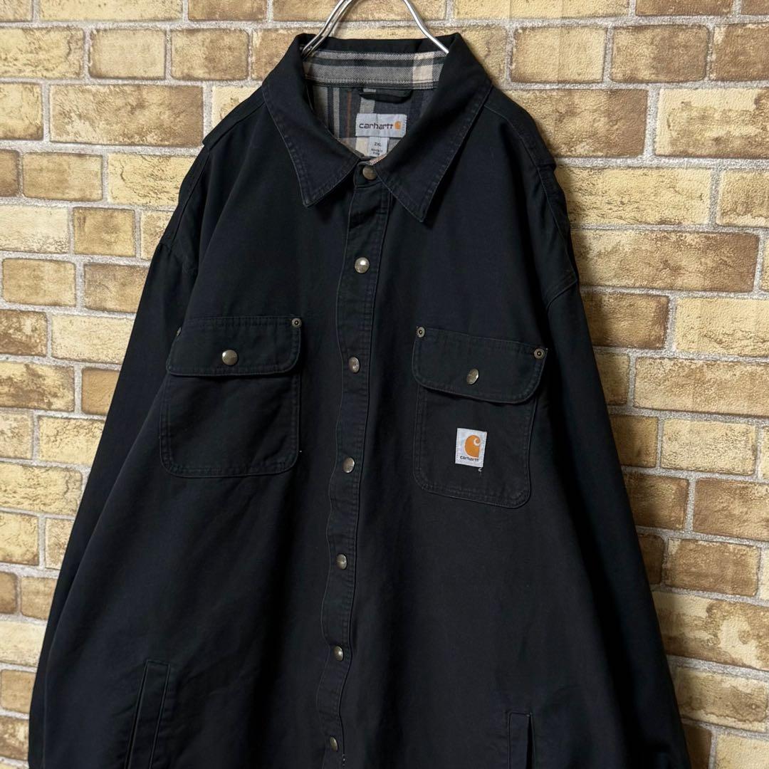 カーハート　ダック地　シャツジャケット　裏地　　ビッグシルエット　黒　2XL.