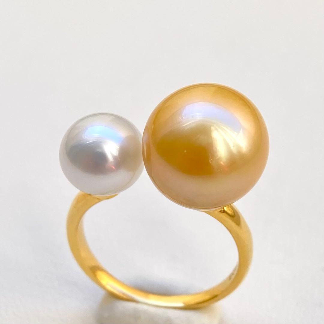 本真珠南洋白蝶真珠ゴールドとホワイト　s925ダブルリングY1057