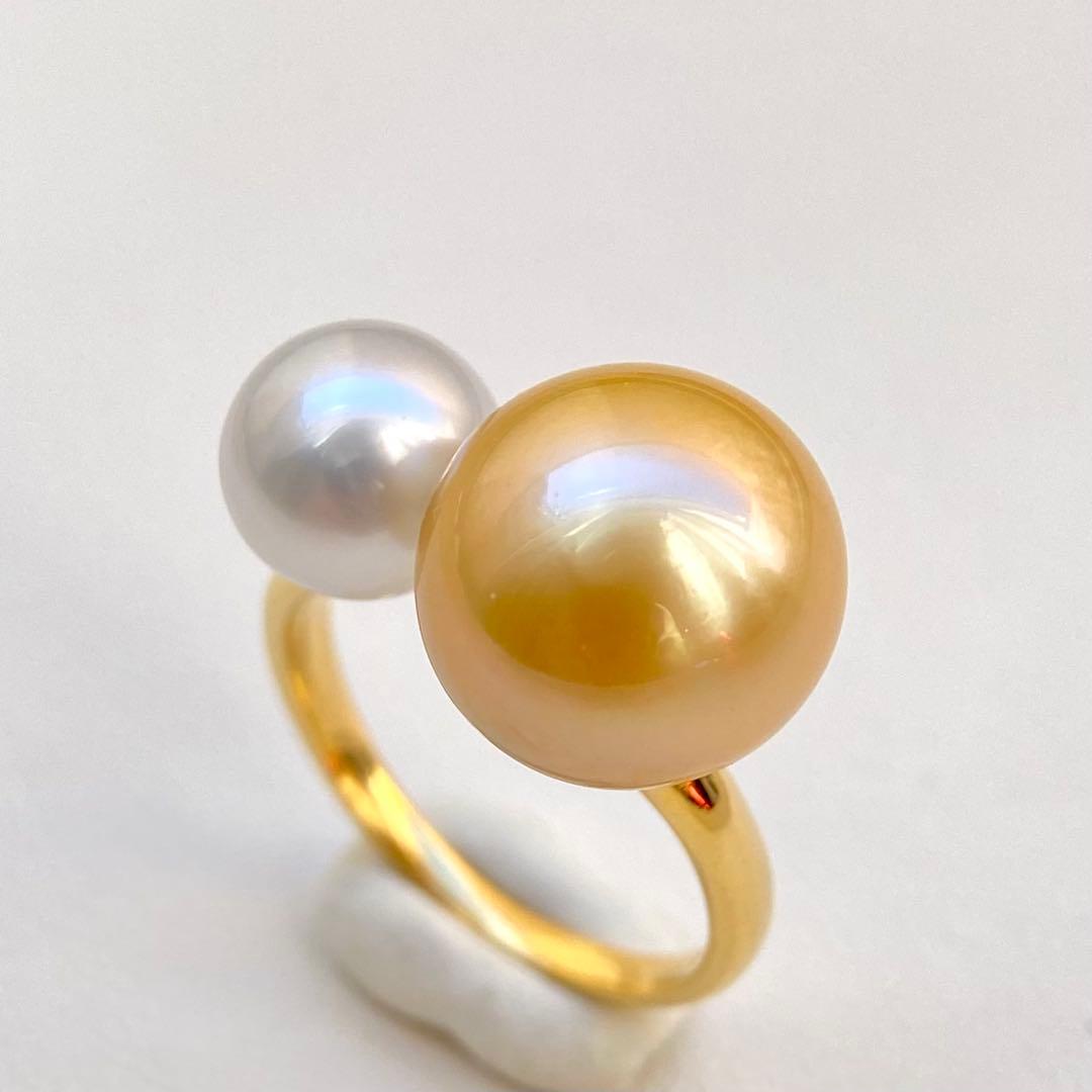 本真珠南洋白蝶真珠ゴールドとホワイト　s925ダブルリングY1057