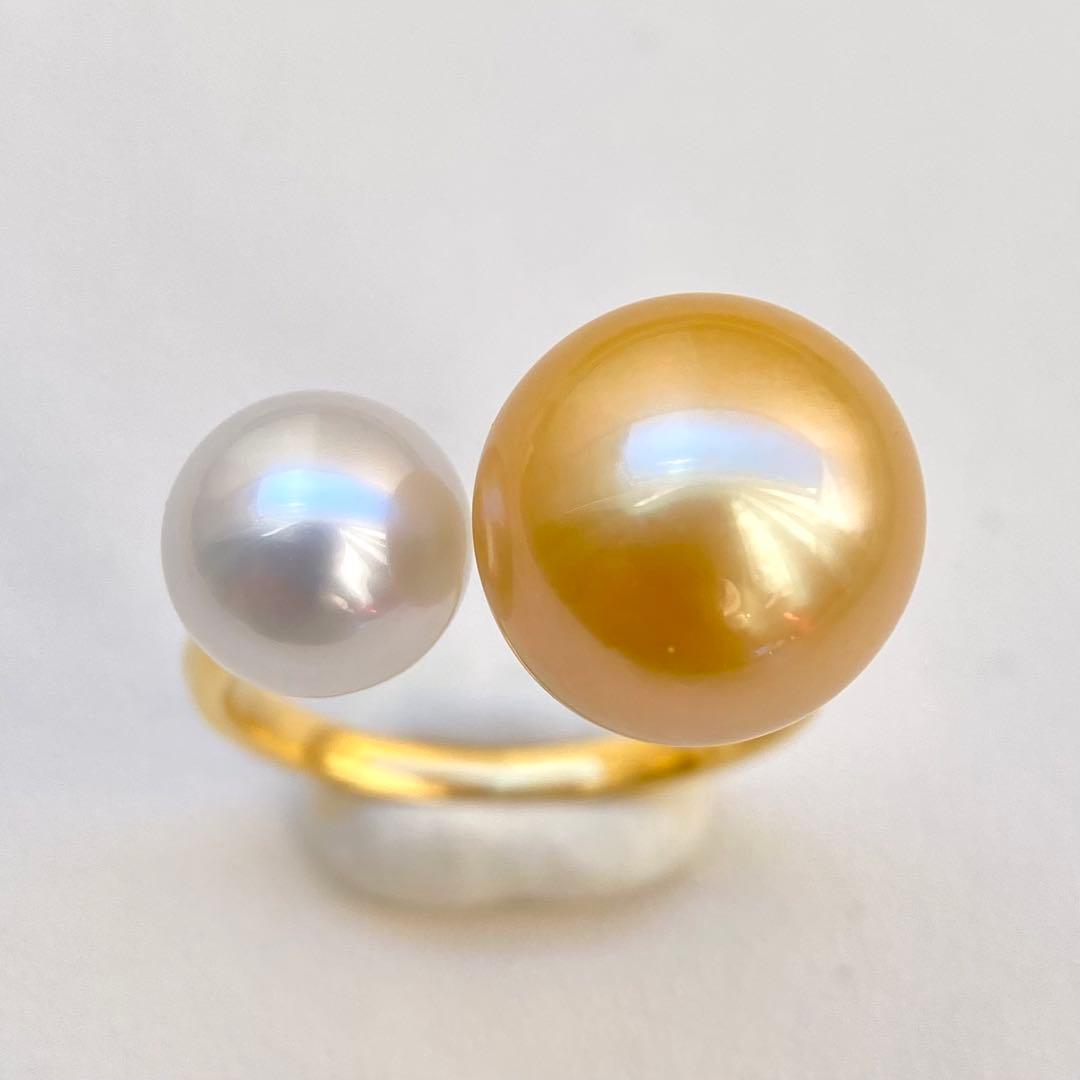本真珠南洋白蝶真珠ゴールドとホワイト　s925ダブルリングY1057