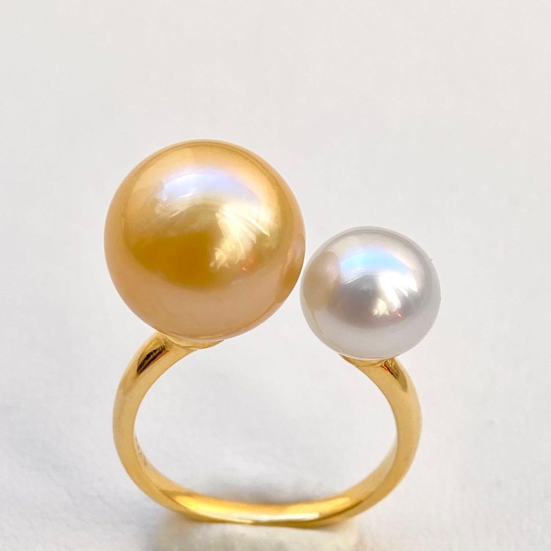 本真珠南洋白蝶真珠ゴールドとホワイト　s925ダブルリングY1057
