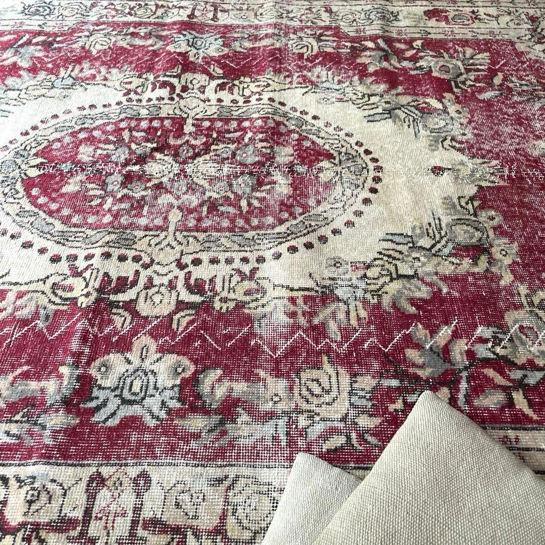 超大判168×290 メダリオン　くすみレッド　ボタニカルトルコヴィンテージラグ