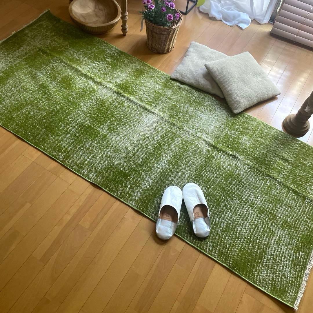 86×209抹茶グリーン　ワンカラーオーバーダイ　匂いありトルコヴィンテージラグ