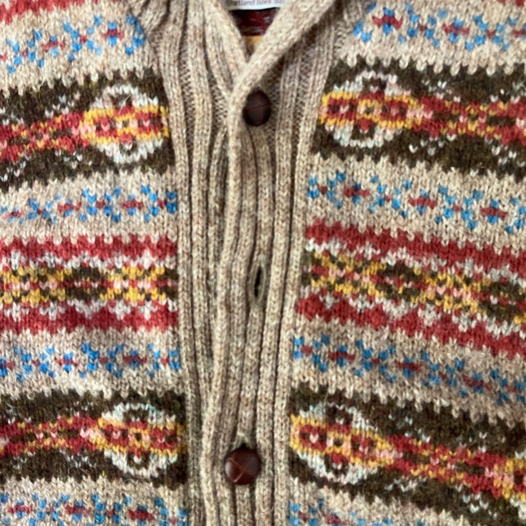 Jamieson's スコットランド製 フェアアイル柄シェットランドニットカーデ