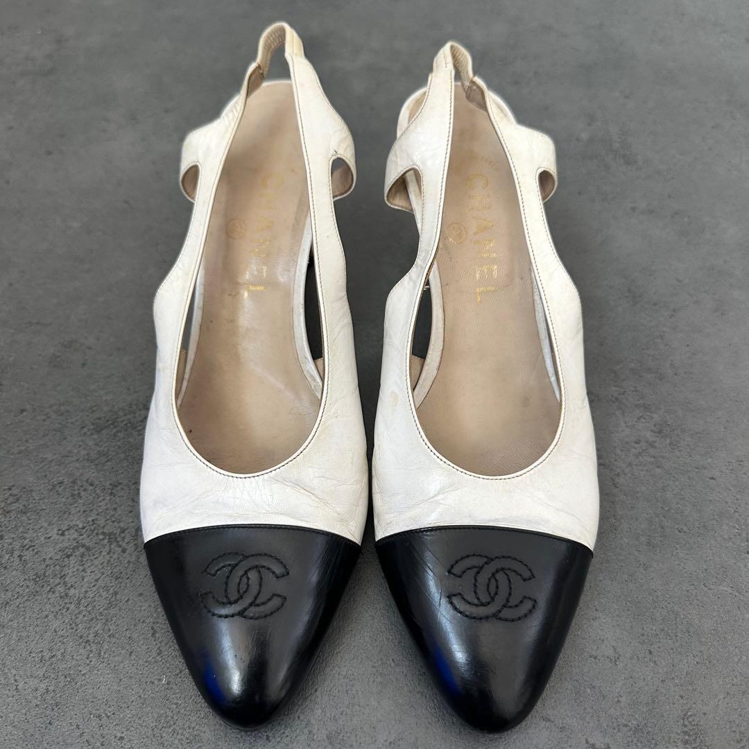 CHANEL ココマーク　バイカラー　スリングバック　パンプス　白　黒