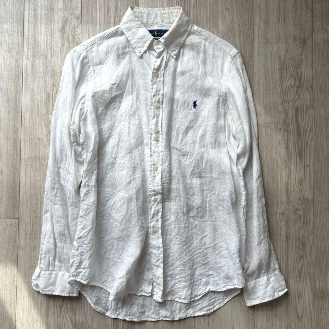 ポロラルフローレン リネン100% 長袖シャツ S ホワイト ポニー刺繍 近年