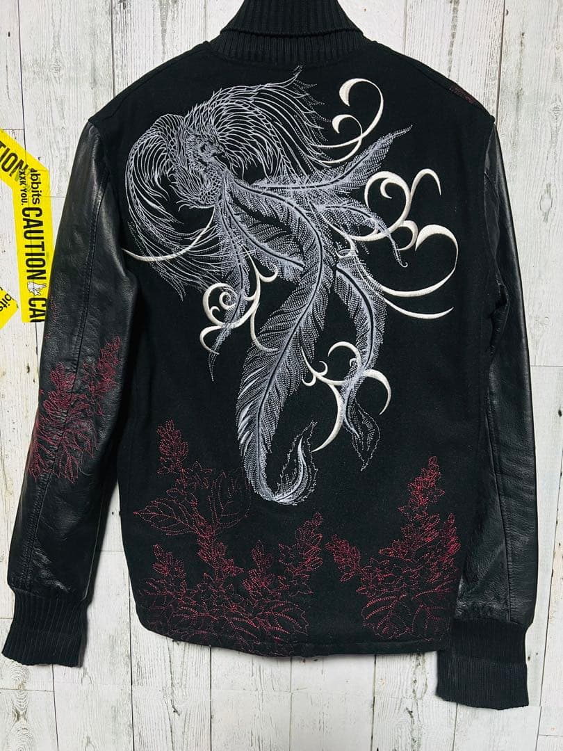 極限定 錦 スカジャン 切り替え 本革レザー 伝説銀鳳凰 銀 刺繍 絡繰魂 黒