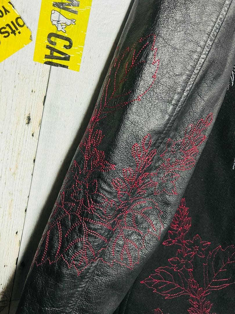 極限定 錦 スカジャン 切り替え 本革レザー 伝説銀鳳凰 銀 刺繍 絡繰魂 黒