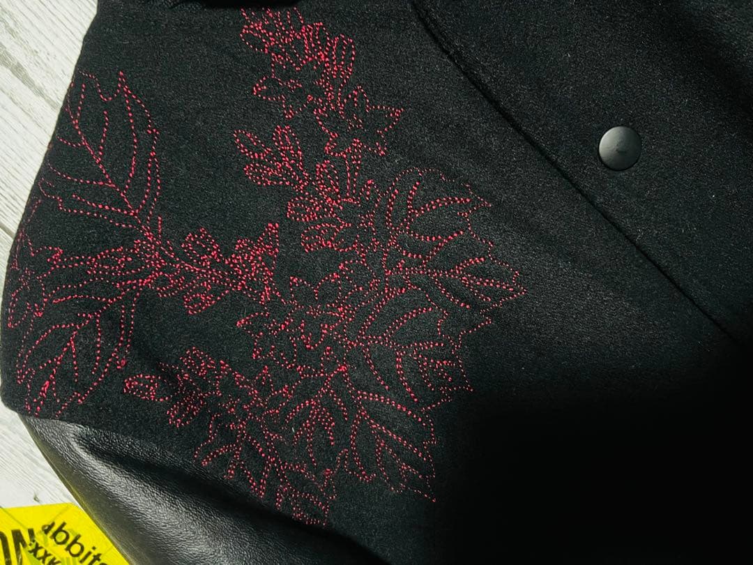 極限定 錦 スカジャン 切り替え 本革レザー 伝説銀鳳凰 銀 刺繍 絡繰魂 黒