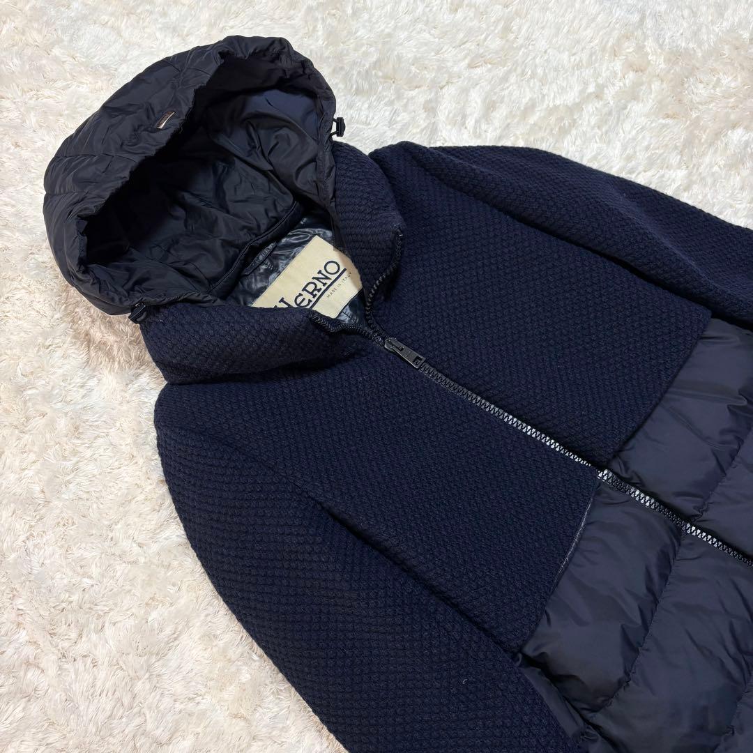 HERNO ダウンコート ロング ウール 切替 ジップアップ 異素材 紺 44