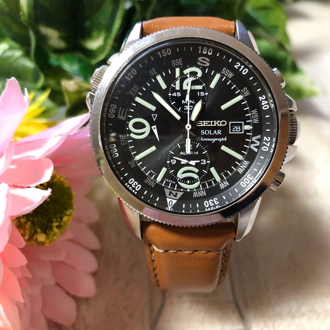 SEIKO セイコー　ソーラー腕時計　クロノグラフ　レザーベルト　メンズ