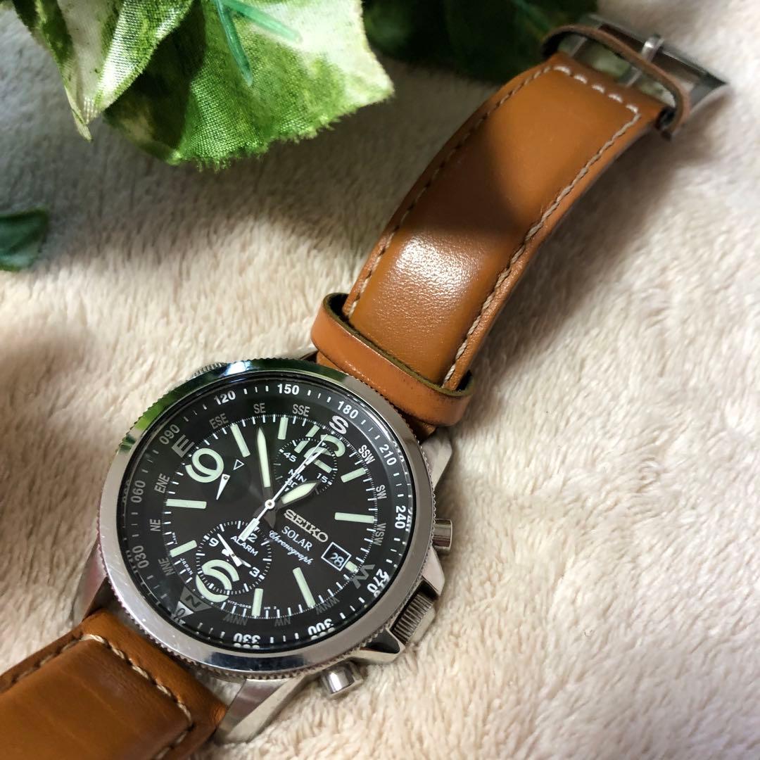 SEIKO セイコー　ソーラー腕時計　クロノグラフ　レザーベルト　メンズ