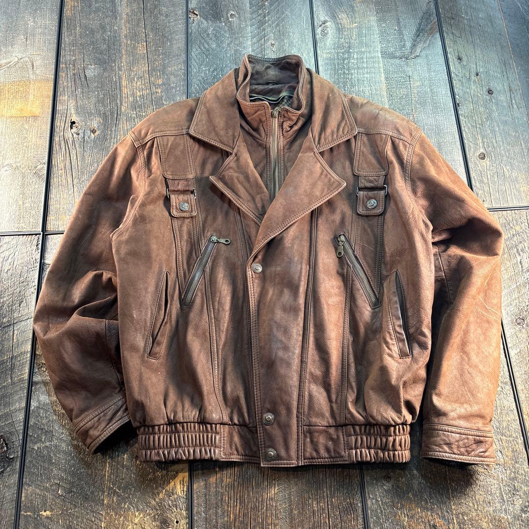 古着　本革　レザーボンバージャケット　ブラウン　2XL 短丈　A2変形　ダブル